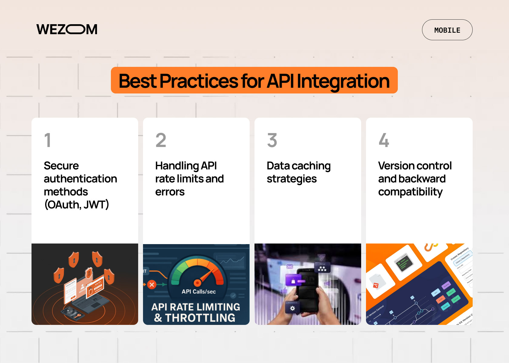 Best practices for mobile app API integration 2025 with secure authentication, rate limit handling, data caching, and version control